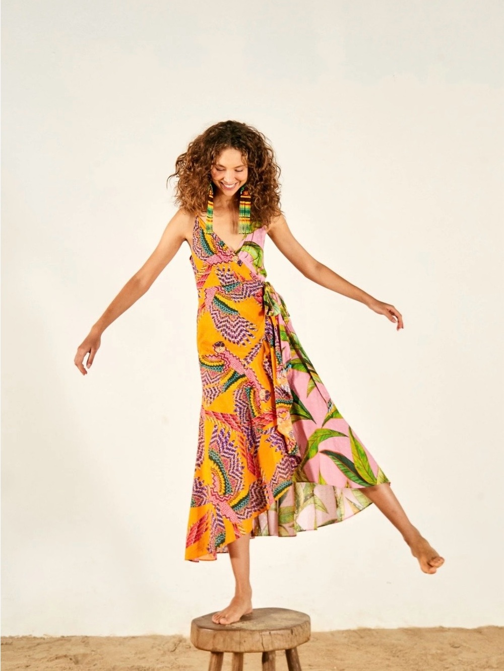 FARM Rio Yellow Pink Tropical Print Midi Dress NWT